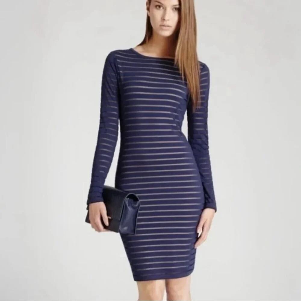 Reiss Bettany Mesh Striped Bodycon Dress Navy Blue Tan Nude Sheath Knit 6 S